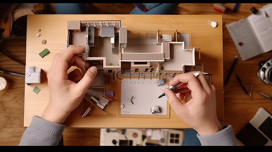 工作计划背景图片_助理捕捉房屋 3D 模型而建筑师记录房间尺寸的鸟瞰图