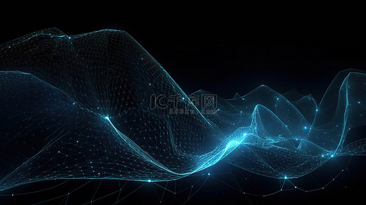 波浪圈背景图片_计算机生成的蓝色波浪，具有抽象多边形设计中互连的点和线