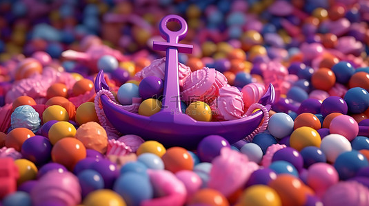 充满活力的 3D 渲染彩色球围绕着粉红色锚博亚和灯塔