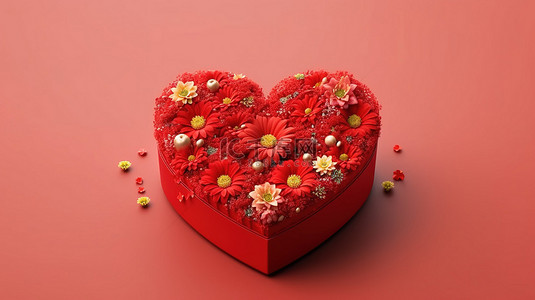 红花国潮背景图片_3D 渲染心形盒子，上面有美丽的红花，庆祝情人节