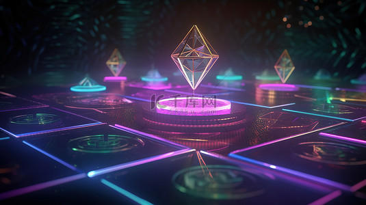 霓虹灯照在 3d 渲染中的以太坊 eth 硬币上，代表加密货币数字货币和创新的区块链技术