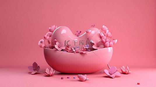 情人节启发了粉红色背景中的 3d 渲染心和花