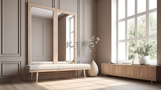 逃生演习背景图片_想象一个放松的逃生 内部框架模型的 3D 渲染图，带有墙框更衣室和休息室，配有靠窗的休闲座椅