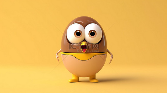 充电电池背景背景图片_黄色背景的 3D 渲染，带有棕色鸡蛋人吉祥物和抽象充电电池