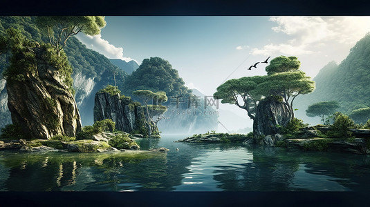 超现实主义背景图片_3D 渲染的奇幻世界中迷人的自然环境