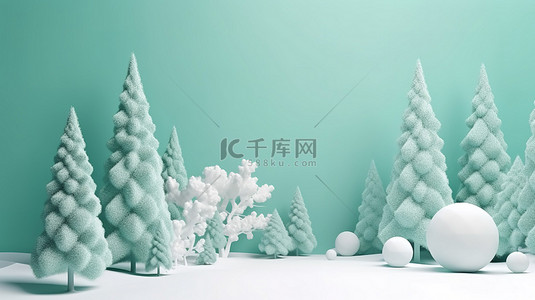 最小的绿色圣诞树与白雪 3d 渲染背景模型