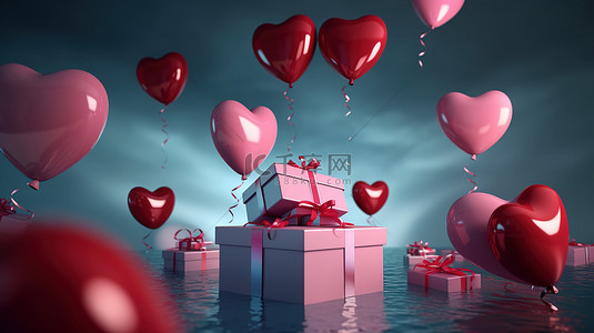 快乐情人节背景图片_情人节概念心形气球在 3D 渲染中举起浮动礼品盒