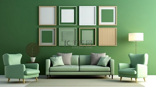多个相框背景图片_多个相框装饰现代绿色客厅墙壁，配有家具和沙发 3D 渲染