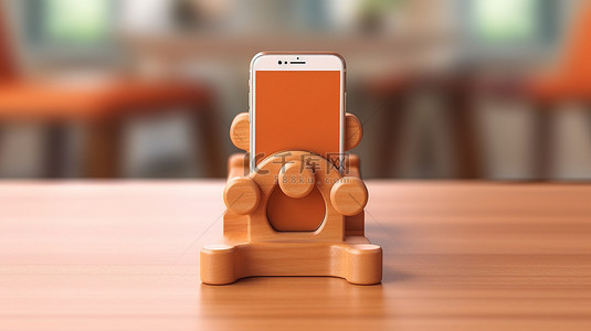 带塑料手机支架的木桌上手持智能手机的 3D 渲染