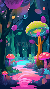 卡通大树粉色背景图片_彩色蘑菇小路卡通树植物装饰图案自然风景