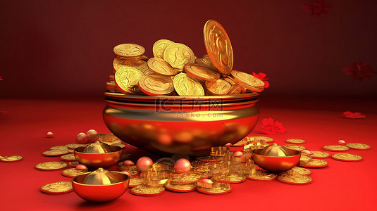 3D 逼真渲染中国金 sycee 锭，迎接欢乐的农历新年