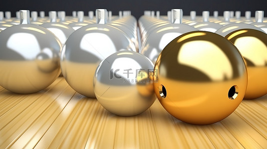 九柱背景图片_令人惊叹的 3D 渲染中的镀金保龄球和白金九柱游戏