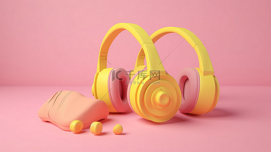 生活是自己的背景图片_黄色隔离背景，带有粉色耳机和哑铃的 3D 插图，是音乐驱动锻炼的完美运动器材