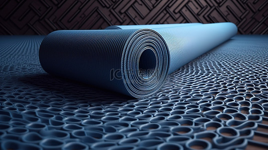 蓝色瑜伽垫在 3D 渲染中放在地板上
