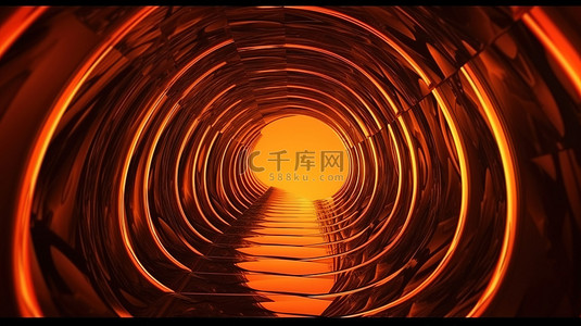 未知背景图片_3D 渲染一条晦涩的橙色灯光隧道转向未知