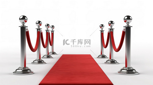 俱乐部成立背景图片_3D 渲染的红色天鹅绒地毯，带有银色支柱和白色背景上隔离的两个绳索屏障