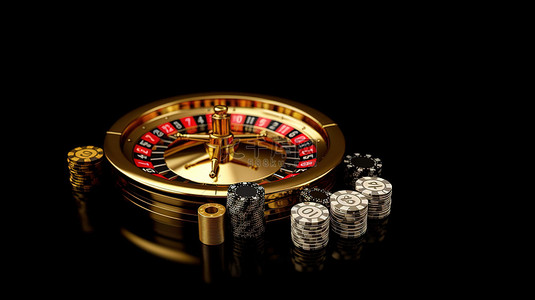 3D 渲染的赌场轮盘赌轮，黑色背景上带有王牌扑克牌芯片和骰子
