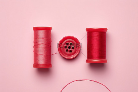 红色缝纫线和粉色织物上的纽扣的顶视图