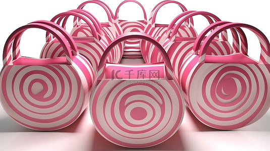 白色背景 3D 渲染中的粉红色条纹购物袋圈