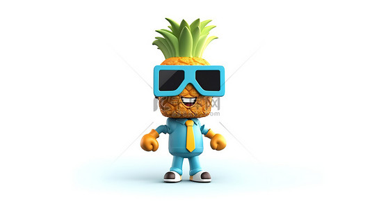 卡通菠萝水果背景图片_白色背景上穿着蓝色健身追踪器的活泼卡通菠萝嬉皮士吉祥物的 3D 渲染