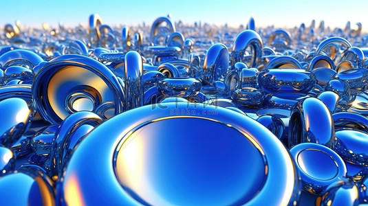 漂浮在蓝天抽象 3D 插图上的圆形金属形状
