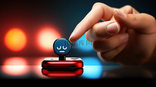 机车仪表盘背景图片_客户反馈设备上按下的快乐按钮由手指摄影和 3D 背景组成