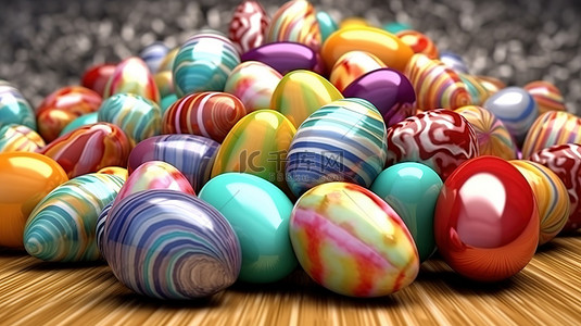 复活节礼物背景图片_高耸的堆栈中充满活力和色彩缤纷的复活节彩蛋 3D 插图