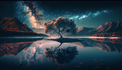 星空树湖面背景