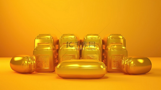 欢乐吉祥中国年背景图片_3D 渲染中国金锭在欢乐的黄色背景上庆祝中国新年