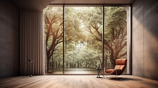 客房欢迎卡背景图片_现代豪华客房设有木椅树背景和宽敞的门窗 3D 渲染