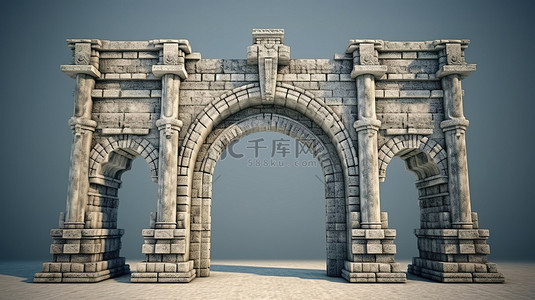 带金属格子和石块拱门的中世纪城堡门的 3D 渲染