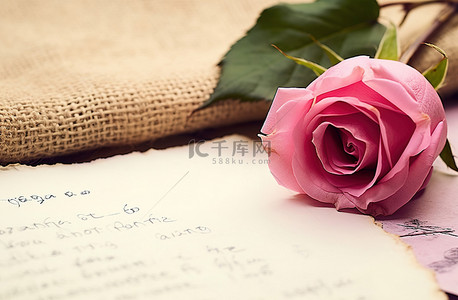 一朵粉红色的玫瑰坐在一张纸和粉红色的叶子旁边