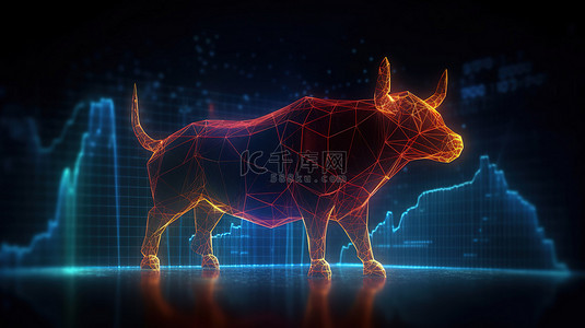 科技感金融背景背景图片_贸易和投资概念中外汇图表上方发光的全息公牛的照明看涨市场 3D 渲染