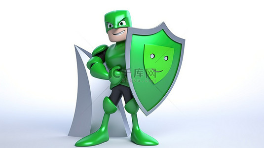 3D 渲染卡通男性角色的插图，带有绿色盾牌，可防止病毒图标