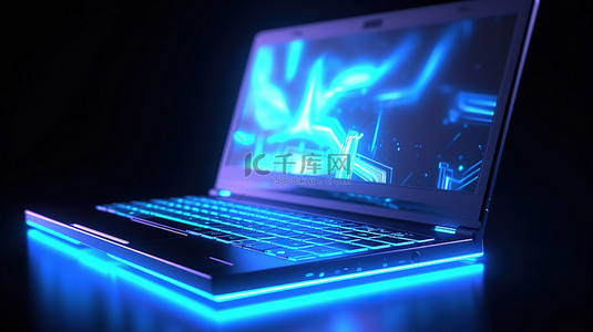 霓虹灯蓝光下发光的特写笔记本电脑的 3D 插图