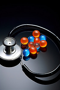 药物与大脑背景图片_黑桌上的听诊器医用听诊器带药片