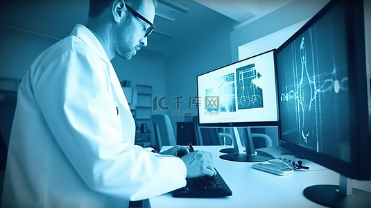 男性医生的 3D 渲染与剪贴板分析计算机显示