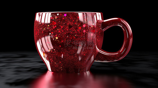 金属茶杯背景图片_闪闪发光的金属红色咖啡杯，黑色背景上有薄片，特写 3D 渲染