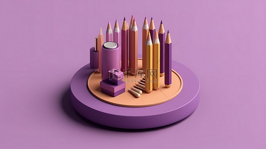 平躺顶视图产品展示架，用于返回学校物品，采用深紫色 3D 插图，配有铅笔