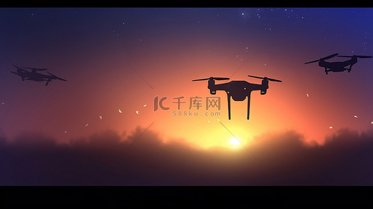 暮色天空背景与飞行无人机的 3D 渲染轮廓