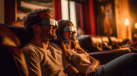 3D 电影之夜情侣在客厅的娱乐