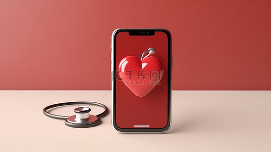 智能手机医疗检查应用程序空白屏幕模型上听诊器和红心的 3D 渲染