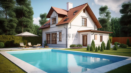 新房开荒背景图片_具有 3D 渲染和宁静游泳池的传统风格新房