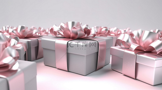 白色背景礼品盒的 3D 渲染，饰有粉红色银丝带