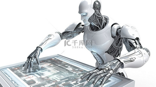 电子数据背景图片_在操作控制面板的机器人的白色 3D 渲染器上隔离