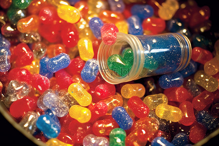 一堆彩色糖果装在一个大桶里