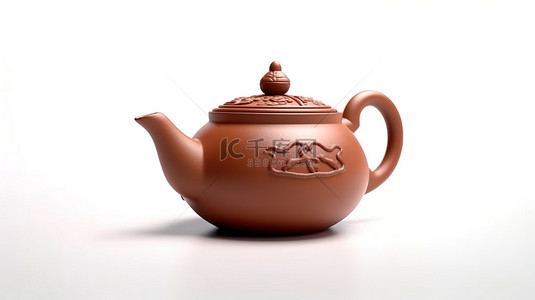 传统礼仪文化背景图片_白色背景突出了棕色 3D 渲染图像中传统中国粘土茶壶的美感