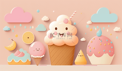 云朵冰淇淋可爱的表情彩色背景简单装饰插图