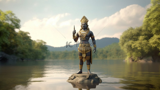 印度國王背景图片_3d 中的马哈巴利国王站在河边，以模糊的自然景观为背景