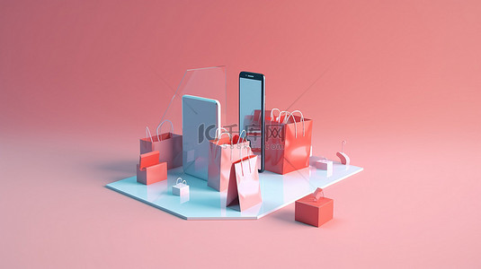 包中背景图片_简约 3D 界面中的电子商务探索智能手机上的数字营销在线购物和支付概念